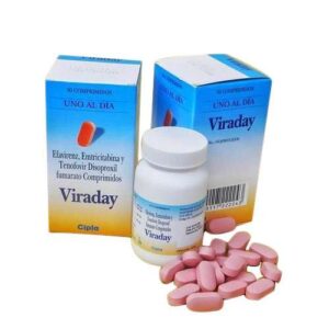 Viraday Tablet: A rectangular, yellow tablet with 'Viraday' printed on it in black text. This tablet is used in the treatment of HIV/AIDS