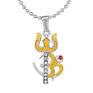 Memoir Silver Plated, Golden Enamel, Om and Trishul Pendant Hindu god, Temple Jewellery Necklace Latest