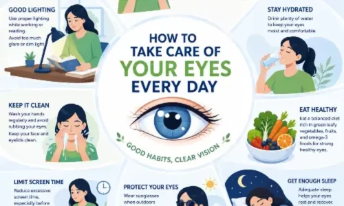 Illustration showing daily eye care habits including proper lighting, hydration, healthy eating, screen time management, eye protection, good sleep, and regular eye rest for maintaining healthy vision.