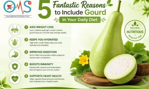 Infographic showing 5 fantastic reasons to include gourd in your daily diet, including weight loss, hydration, digestion, immunity, and heart health by OMS99.