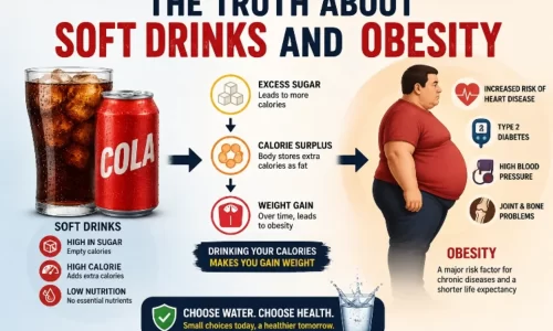 Illustration showing how drinking sugary soft drinks contributes to obesity, weight gain, and related health risks such as diabetes and heart disease.