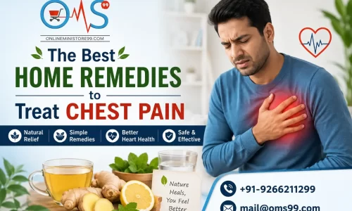 Person experiencing chest pain with natural home remedies like ginger tea, lemon, and warm water alongside OMS99 contact information.