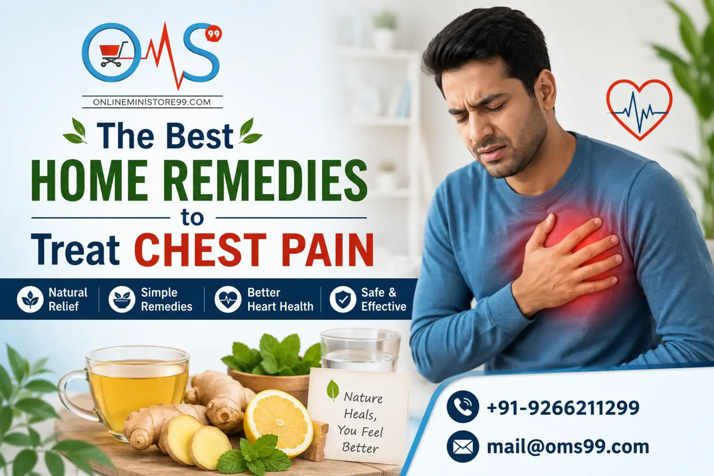 Person experiencing chest pain with natural home remedies like ginger tea, lemon, and warm water alongside OMS99 contact information.
