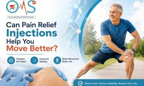 Can Pain Relief Injections Help You Move Better banner featuring the OMS99 logo, a knee pain injection, an active older adult stretching, and mobility improvement graphics.