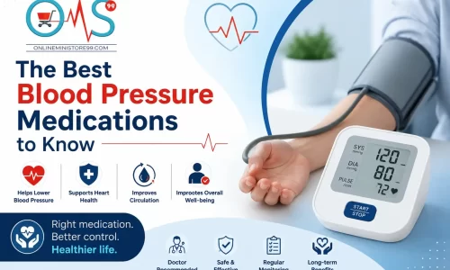 Illustration showing blood pressure management with a heart, blood pressure monitor, healthy lifestyle icons, and medication information by OMS99.