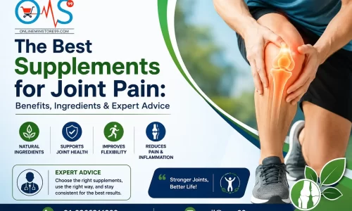 The Best Supplements for Joint Pain banner by OMS99 featuring joint health supplements, knee pain illustration, expert advice, and contact details.