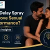 Couple discussing intimacy with expert insights on whether delay spray can improve sexual performance, educational banner by OMS99.