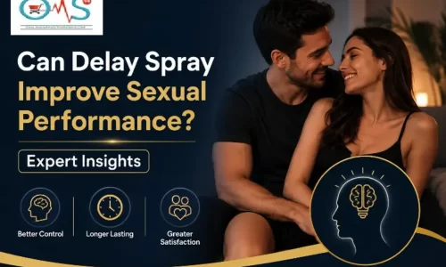 Couple discussing intimacy with expert insights on whether delay spray can improve sexual performance, educational banner by OMS99.