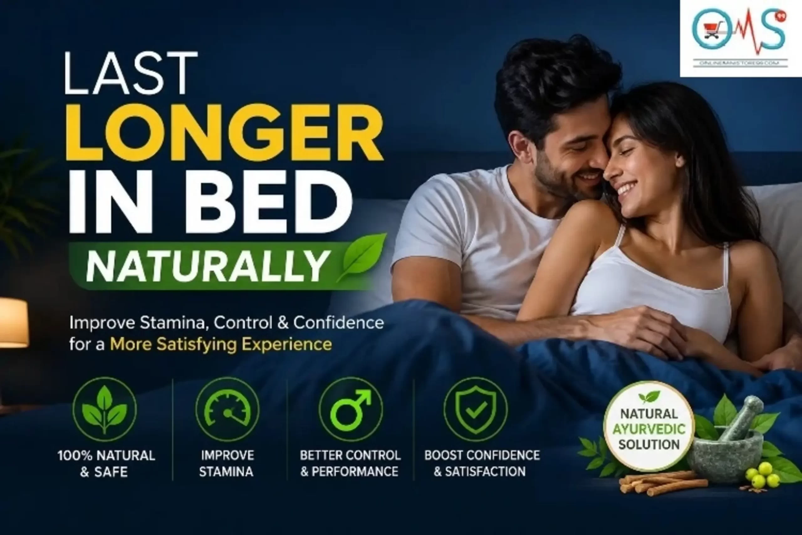 Couple smiling together in bed representing natural ways to last longer in bed, improve stamina, confidence, and sexual wellness through healthy lifestyle habits.